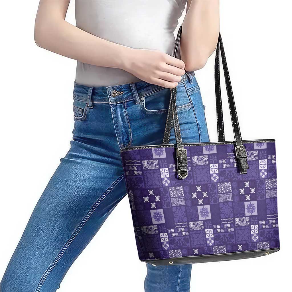 Vintage Hawaiian Quilting Patterns Leather Tote Bag Purple Style Tribal Fabric Patchwork - Polynesian Pride