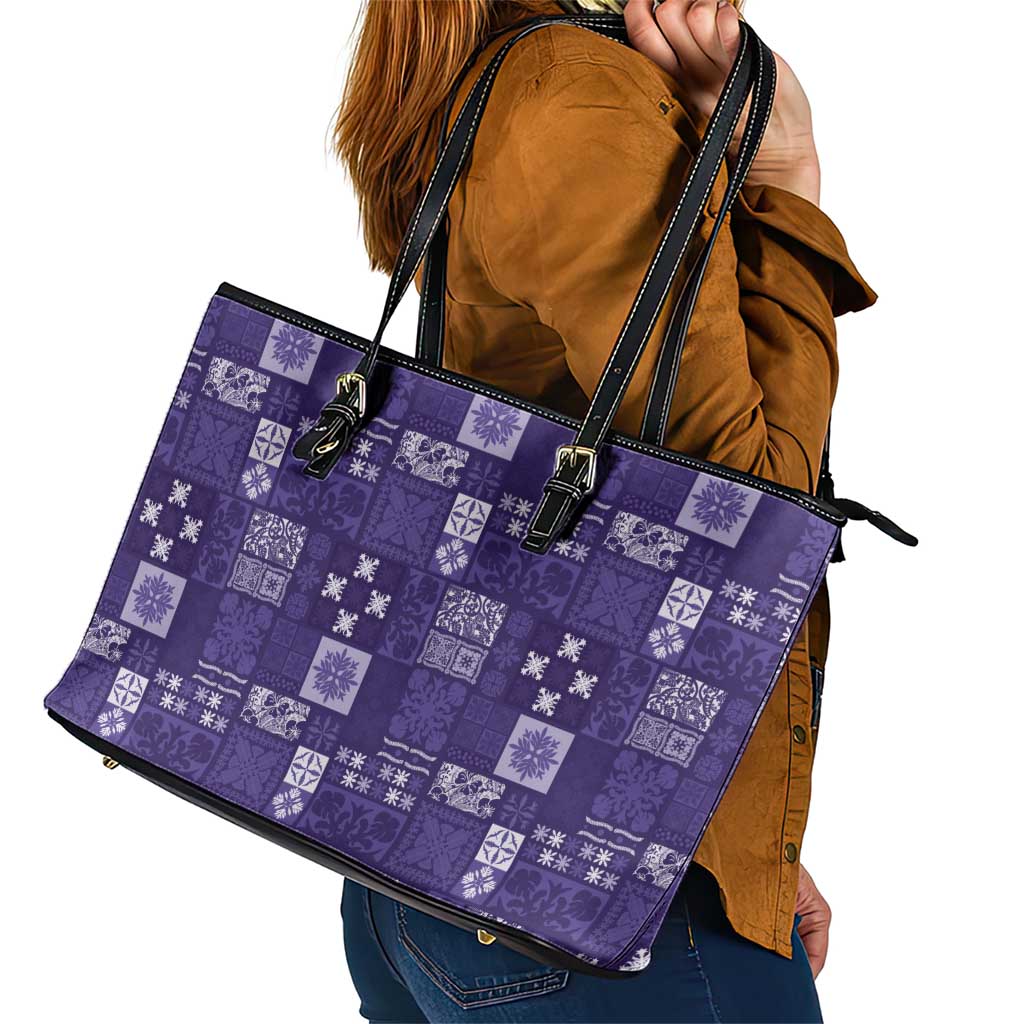Vintage Hawaiian Quilting Patterns Leather Tote Bag Purple Style Tribal Fabric Patchwork - Polynesian Pride