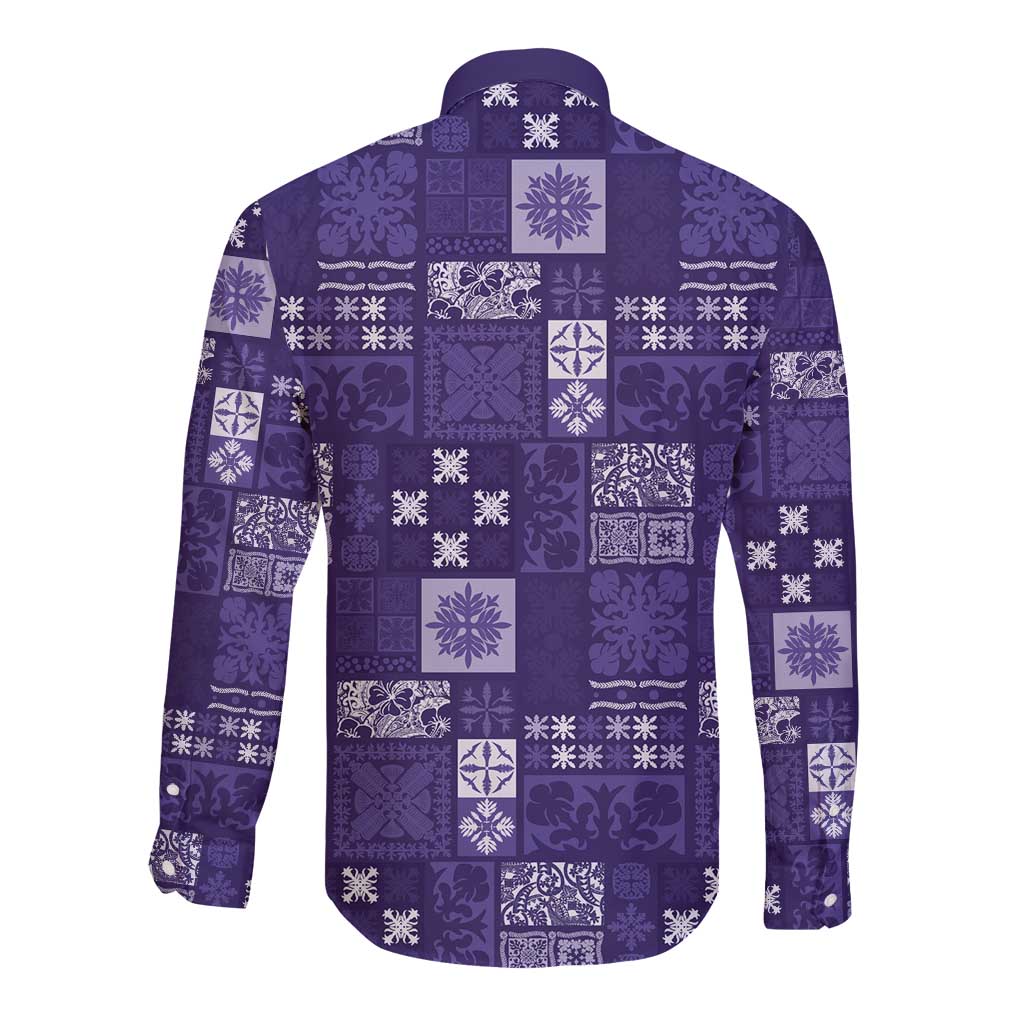 Vintage Hawaiian Quilting Patterns Long Sleeve Button Shirt Purple Style Tribal Fabric Patchwork - Polynesian Pride