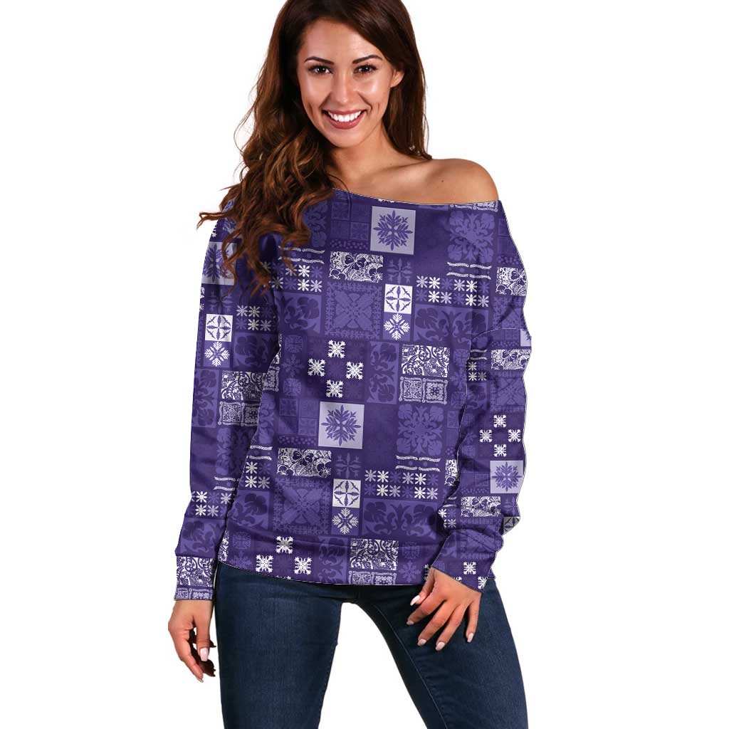 Vintage Hawaiian Quilting Patterns Off Shoulder Sweater Purple Style Tribal Fabric Patchwork - Polynesian Pride