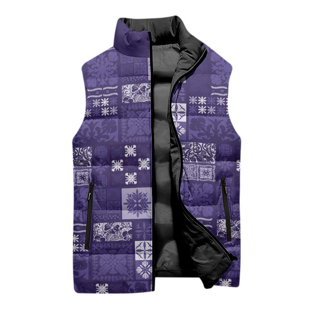 Vintage Hawaiian Quilting Patterns Sleeveless Puffer Jacket Purple Style Tribal Fabric Patchwork - Polynesian Pride