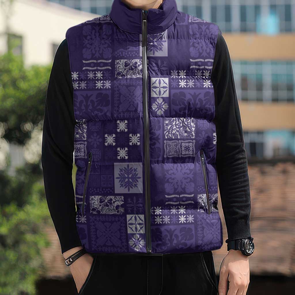 Vintage Hawaiian Quilting Patterns Sleeveless Puffer Jacket Purple Style Tribal Fabric Patchwork - Polynesian Pride