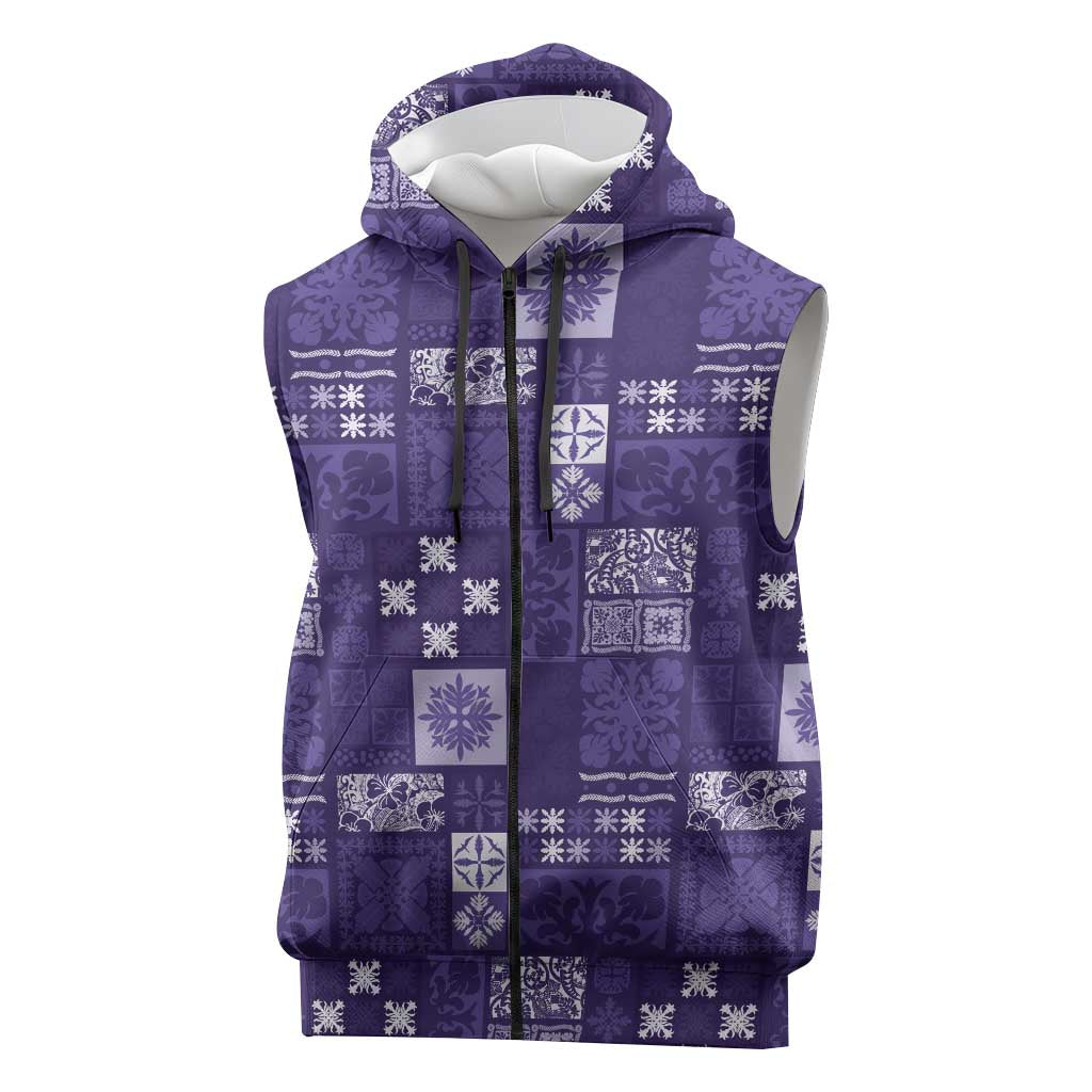 Vintage Hawaiian Quilting Patterns Sleeveless Zip Hoodie Purple Style Tribal Fabric Patchwork - Polynesian Pride