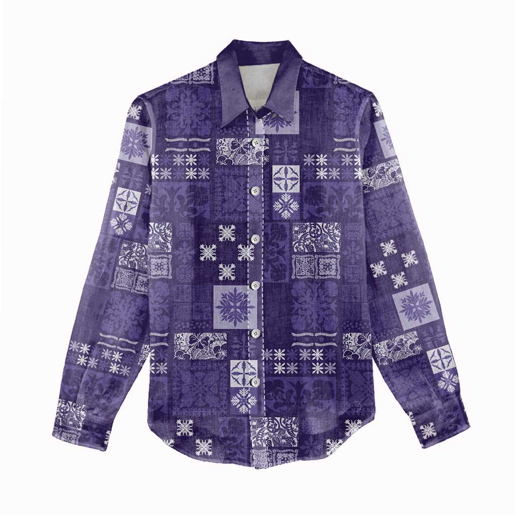 Vintage Hawaiian Quilting Patterns Women Casual Shirt Purple Style Tribal Fabric Patchwork - Polynesian Pride