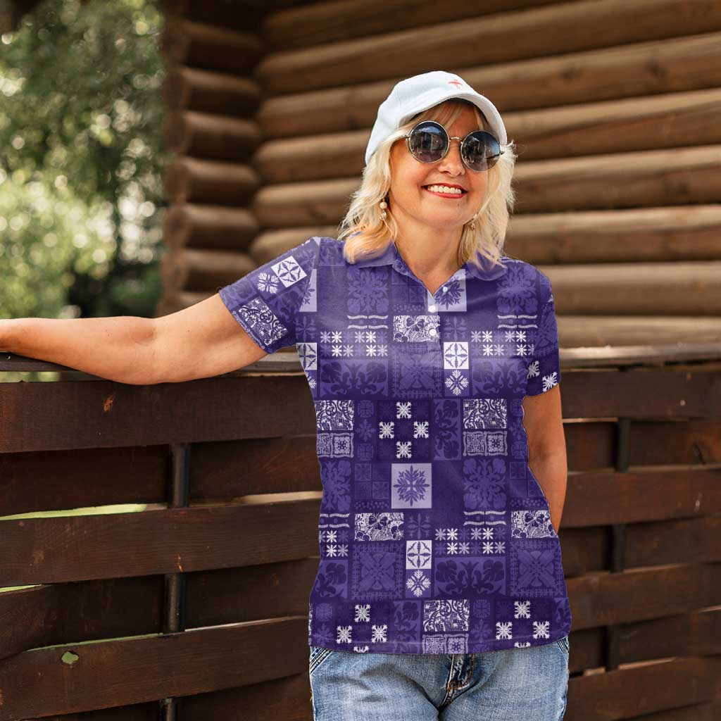 Vintage Hawaiian Quilting Patterns Women Polo Shirt Purple Style Tribal Fabric Patchwork - Polynesian Pride