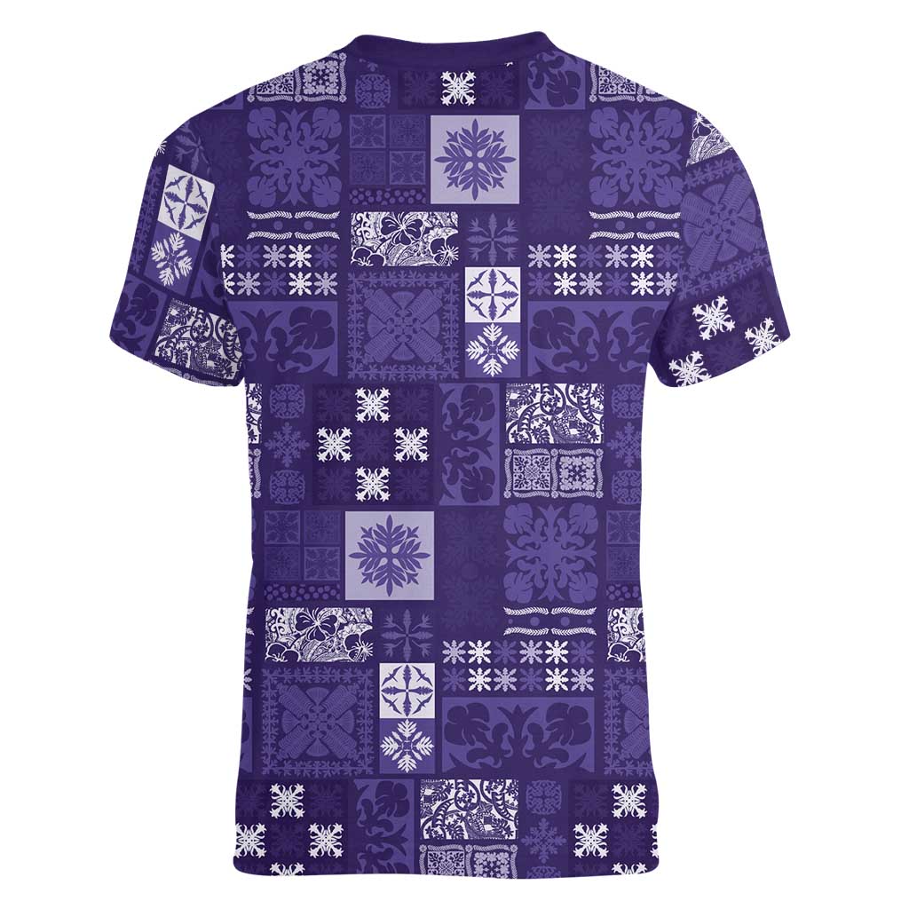 Vintage Hawaiian Quilting Patterns Women V-Neck T-Shirt Purple Style Tribal Fabric Patchwork - Polynesian Pride