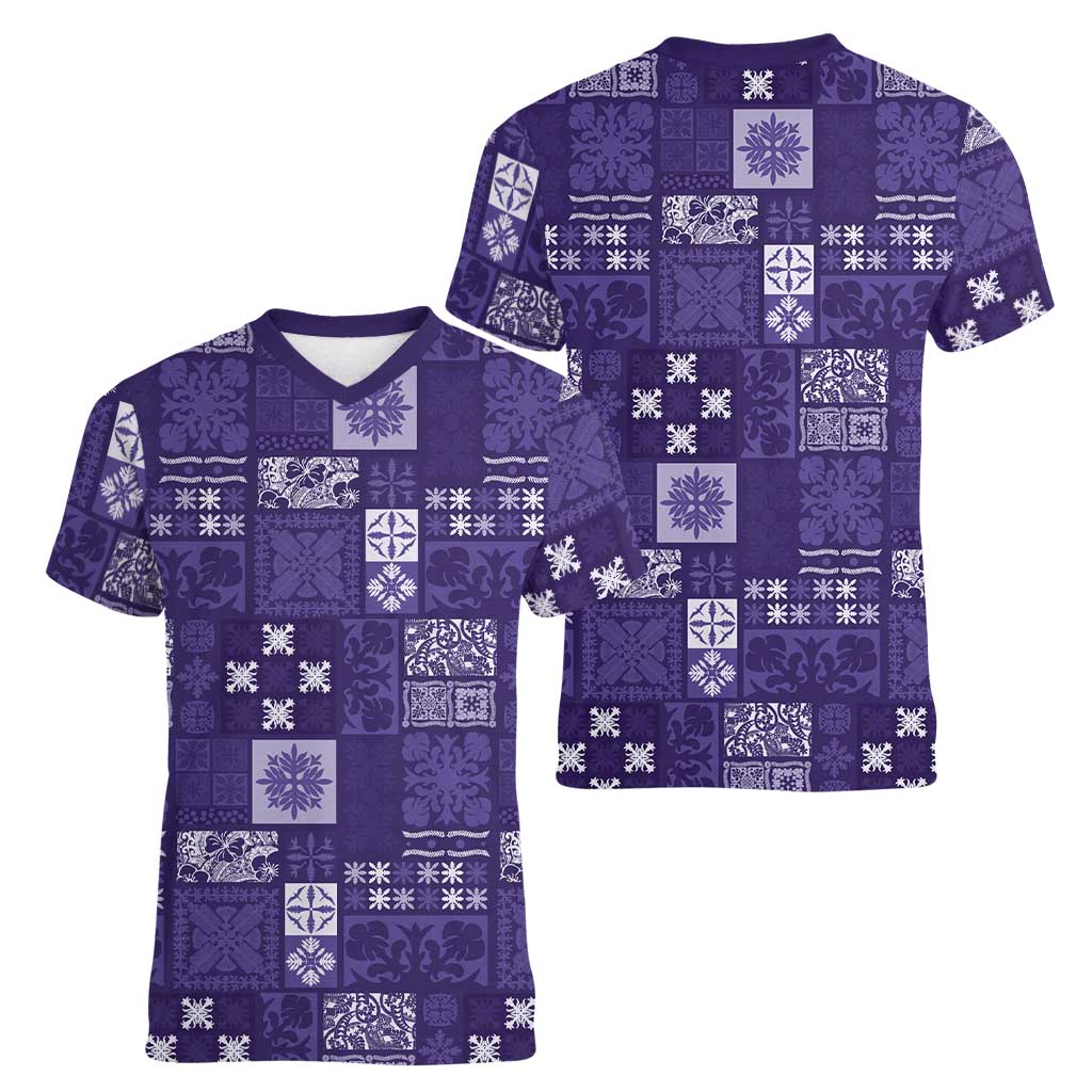 Vintage Hawaiian Quilting Patterns Women V-Neck T-Shirt Purple Style Tribal Fabric Patchwork - Polynesian Pride