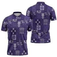Vintage Hawaiian Quilting Patterns Zipper Polo Shirt Purple Style Tribal Fabric Patchwork - Polynesian Pride