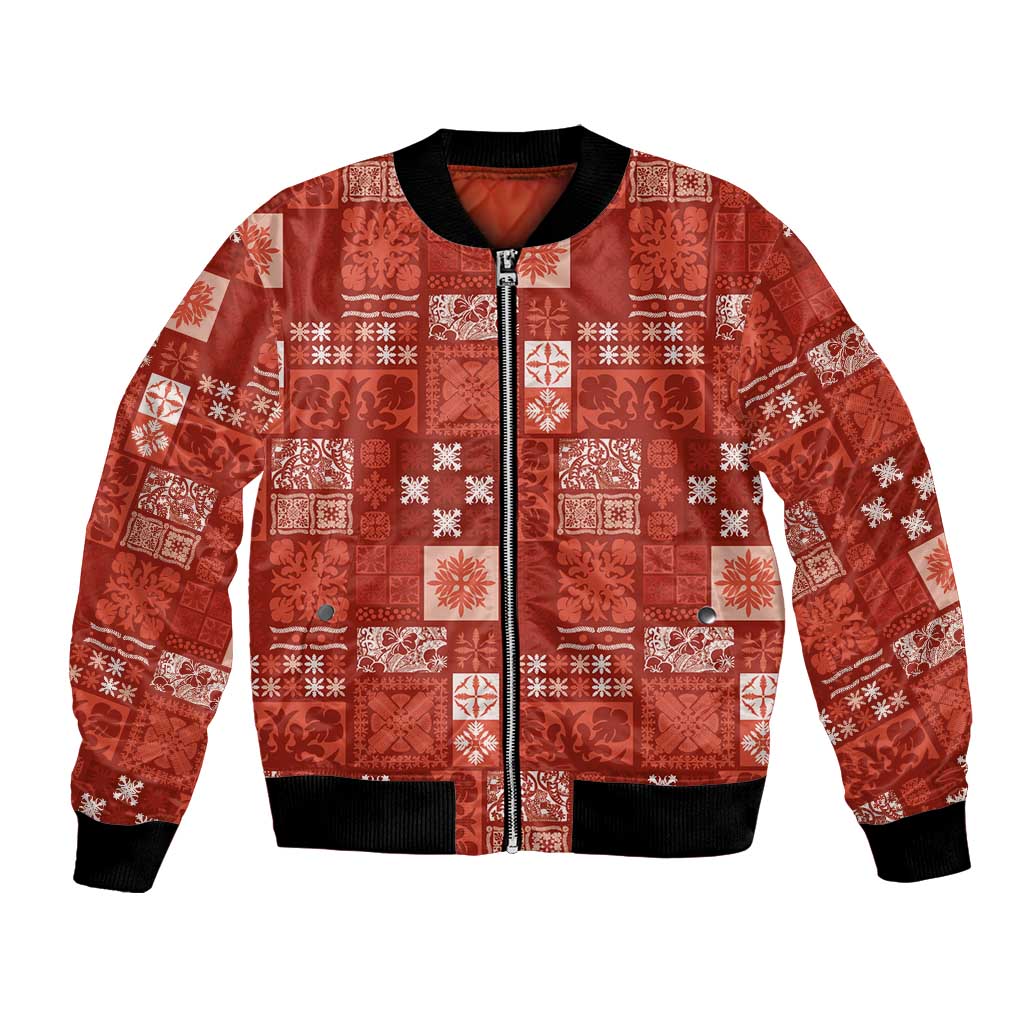 Vintage Hawaiian Quilting Patterns Bomber Jacket Red Style Tribal Fabric Patchwork - Polynesian Pride