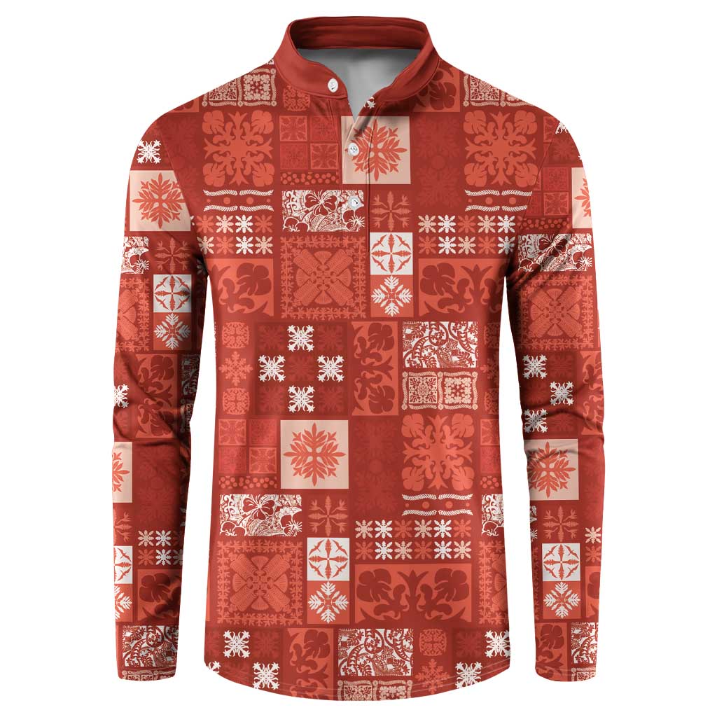 Vintage Hawaiian Quilting Patterns Button Sweatshirt Red Style Tribal Fabric Patchwork - Polynesian Pride