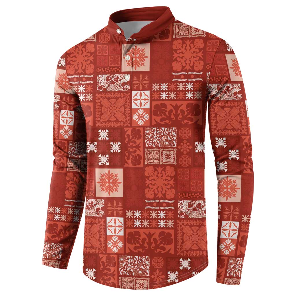 Vintage Hawaiian Quilting Patterns Button Sweatshirt Red Style Tribal Fabric Patchwork - Polynesian Pride