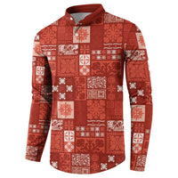 Vintage Hawaiian Quilting Patterns Button Sweatshirt Red Style Tribal Fabric Patchwork - Polynesian Pride