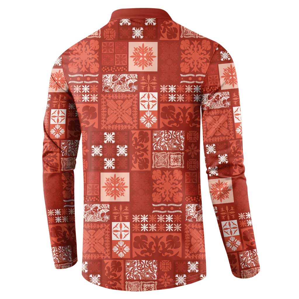 Vintage Hawaiian Quilting Patterns Button Sweatshirt Red Style Tribal Fabric Patchwork - Polynesian Pride