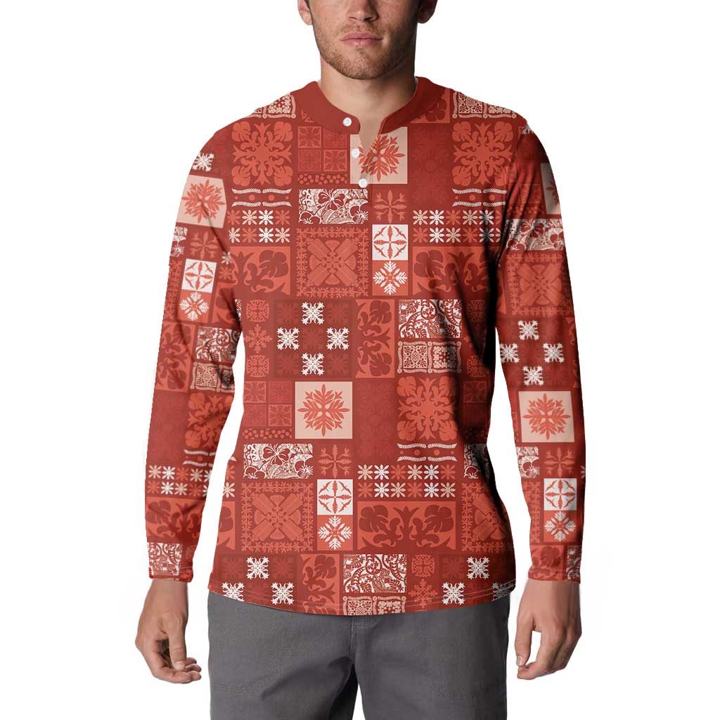 Vintage Hawaiian Quilting Patterns Button Sweatshirt Red Style Tribal Fabric Patchwork - Polynesian Pride