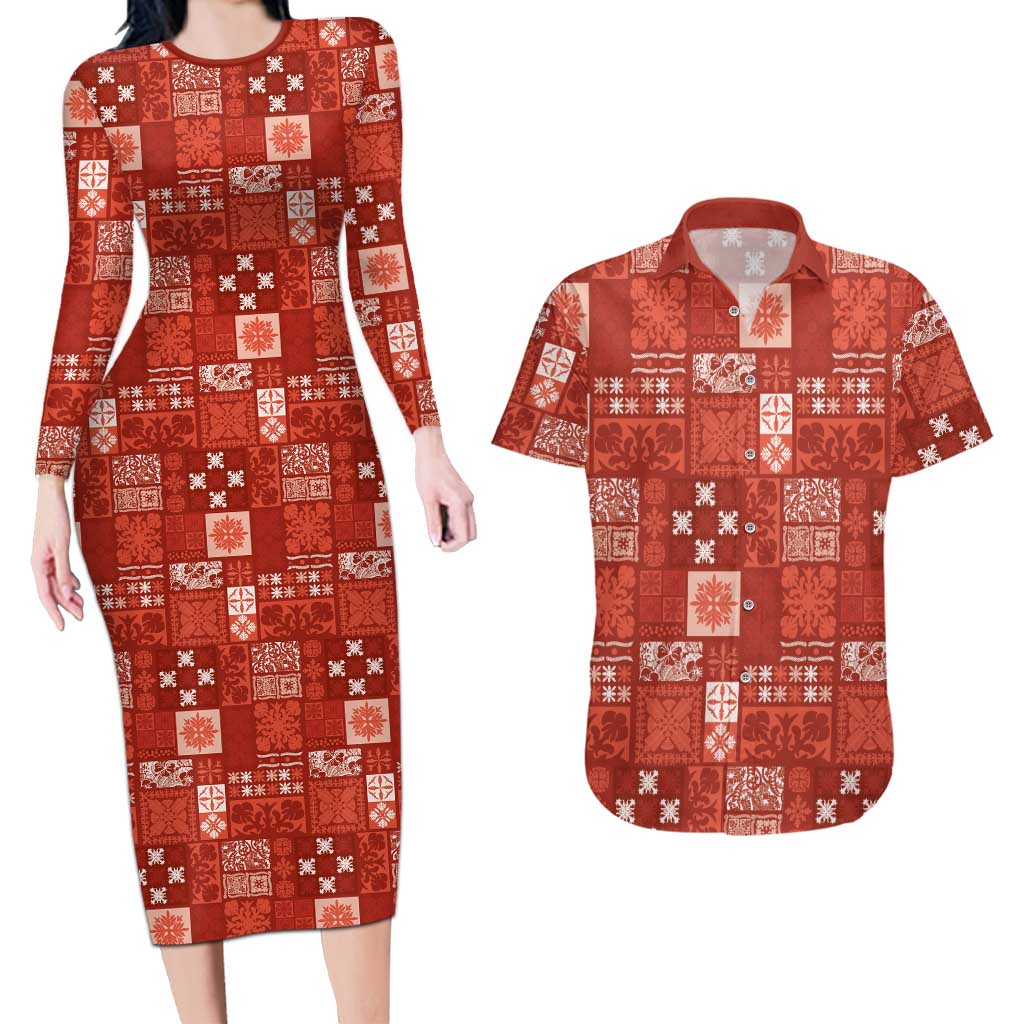 Vintage Hawaiian Quilting Patterns Couples Matching Long Sleeve Bodycon Dress and Hawaiian Shirt Red Style Tribal Fabric Patchwork - Polynesian Pride