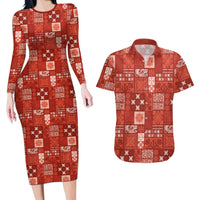 Vintage Hawaiian Quilting Patterns Couples Matching Long Sleeve Bodycon Dress and Hawaiian Shirt Red Style Tribal Fabric Patchwork - Polynesian Pride