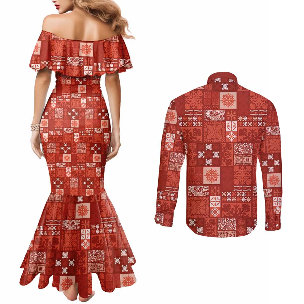 Vintage Hawaiian Quilting Patterns Couples Matching Mermaid Dress and Long Sleeve Button Shirt Red Style Tribal Fabric Patchwork - Polynesian Pride