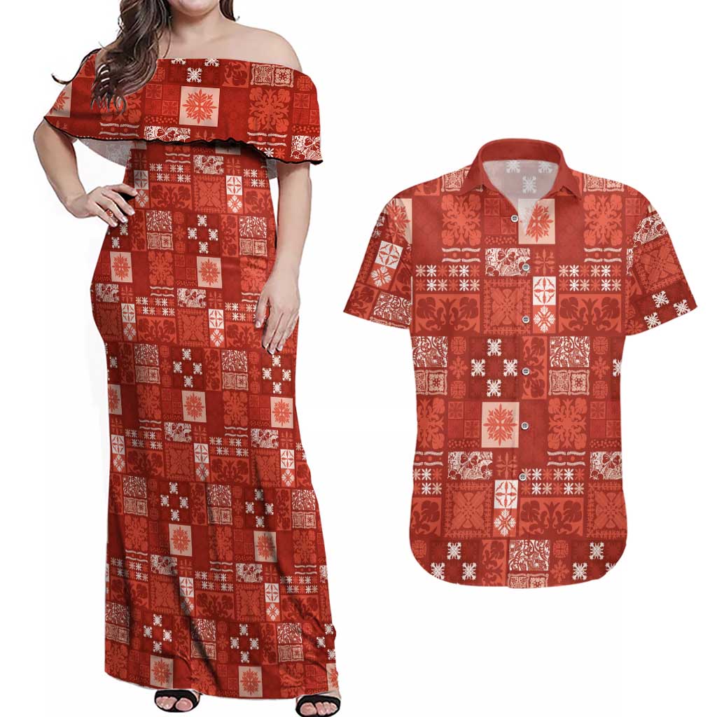 Vintage Hawaiian Quilting Patterns Couples Matching Off Shoulder Maxi Dress and Hawaiian Shirt Red Style Tribal Fabric Patchwork - Polynesian Pride