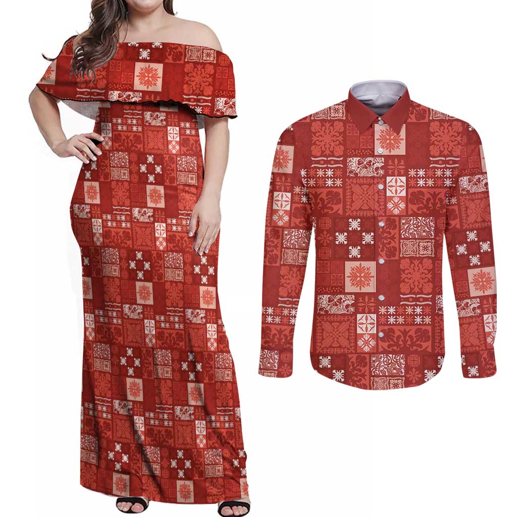 Vintage Hawaiian Quilting Patterns Couples Matching Off Shoulder Maxi Dress and Long Sleeve Button Shirt Red Style Tribal Fabric Patchwork - Polynesian Pride