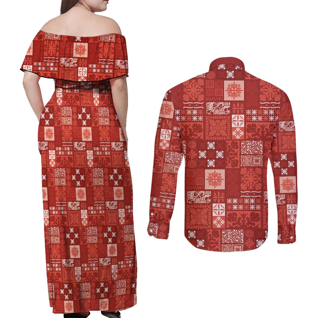 Vintage Hawaiian Quilting Patterns Couples Matching Off Shoulder Maxi Dress and Long Sleeve Button Shirt Red Style Tribal Fabric Patchwork - Polynesian Pride