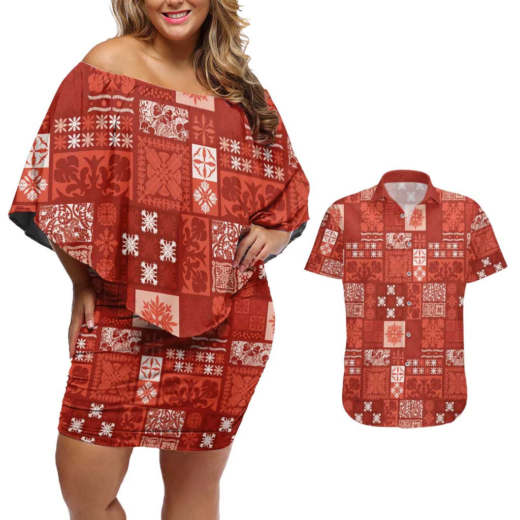 Vintage Hawaiian Quilting Patterns Couples Matching Off Shoulder Short Dress and Hawaiian Shirt Red Style Tribal Fabric Patchwork - Polynesian Pride