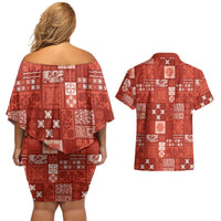 Vintage Hawaiian Quilting Patterns Couples Matching Off Shoulder Short Dress and Hawaiian Shirt Red Style Tribal Fabric Patchwork - Polynesian Pride