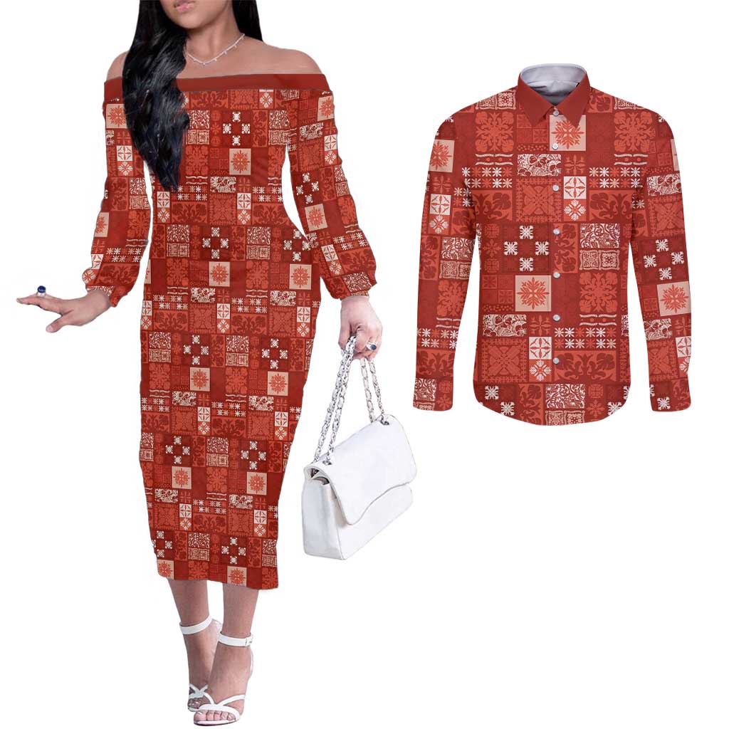 Vintage Hawaiian Quilting Patterns Couples Matching Off The Shoulder Long Sleeve Dress and Long Sleeve Button Shirt Red Style Tribal Fabric Patchwork - Polynesian Pride