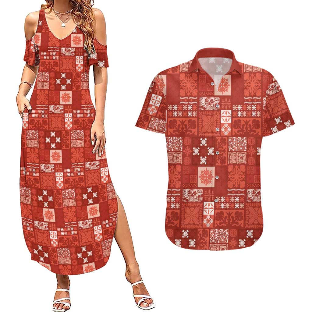 Vintage Hawaiian Quilting Patterns Couples Matching Summer Maxi Dress and Hawaiian Shirt Red Style Tribal Fabric Patchwork - Polynesian Pride