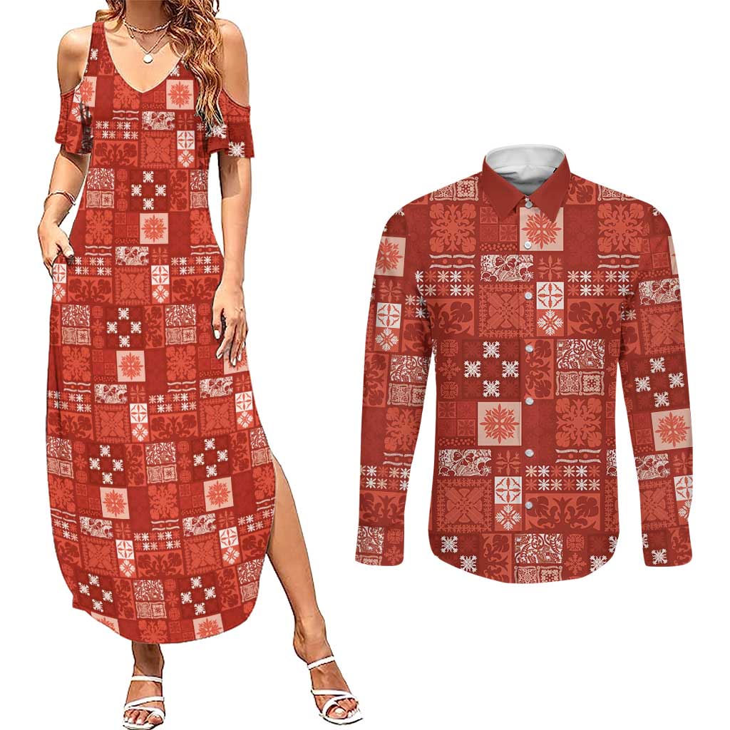 Vintage Hawaiian Quilting Patterns Couples Matching Summer Maxi Dress and Long Sleeve Button Shirt Red Style Tribal Fabric Patchwork - Polynesian Pride