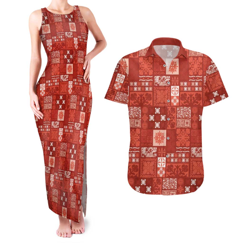 Vintage Hawaiian Quilting Patterns Couples Matching Tank Maxi Dress and Hawaiian Shirt Red Style Tribal Fabric Patchwork - Polynesian Pride