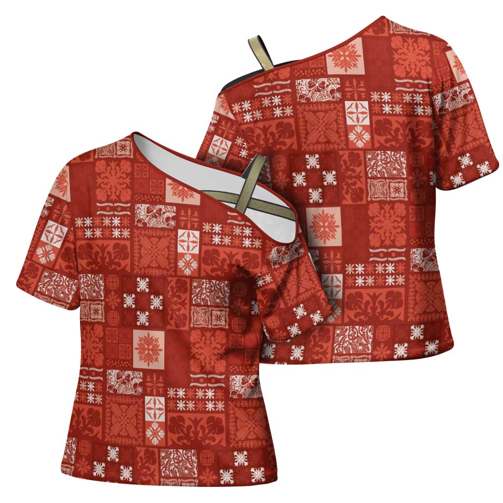 Vintage Hawaiian Quilting Patterns Cross Shoulder Shirt Red Style Tribal Fabric Patchwork - Polynesian Pride