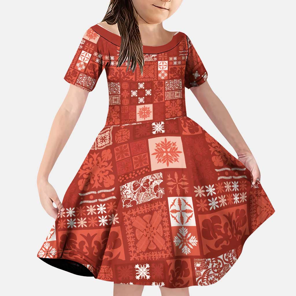 Vintage Hawaiian Quilting Patterns Family Matching Long Sleeve Bodycon Dress and Hawaiian Shirt Red Style Tribal Fabric Patchwork - Polynesian Pride