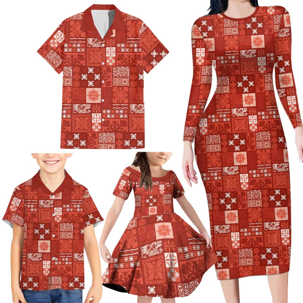 Vintage Hawaiian Quilting Patterns Family Matching Long Sleeve Bodycon Dress and Hawaiian Shirt Red Style Tribal Fabric Patchwork - Polynesian Pride