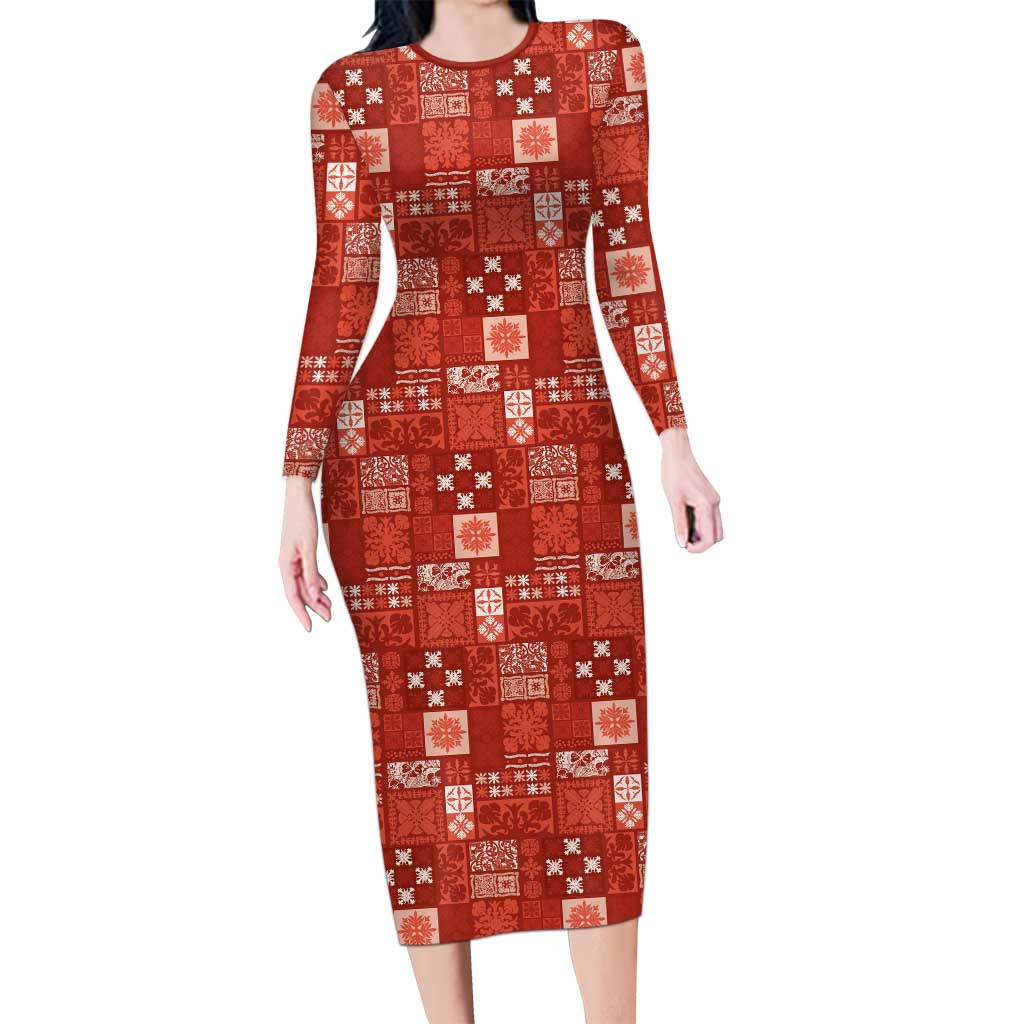 Vintage Hawaiian Quilting Patterns Family Matching Long Sleeve Bodycon Dress and Hawaiian Shirt Red Style Tribal Fabric Patchwork - Polynesian Pride