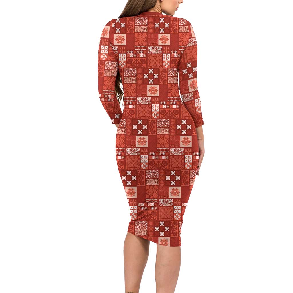 Vintage Hawaiian Quilting Patterns Family Matching Long Sleeve Bodycon Dress and Hawaiian Shirt Red Style Tribal Fabric Patchwork - Polynesian Pride