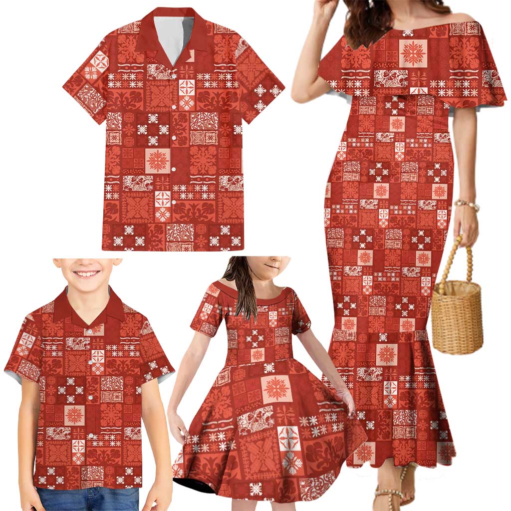 Vintage Hawaiian Quilting Patterns Family Matching Mermaid Dress and Hawaiian Shirt Red Style Tribal Fabric Patchwork - Polynesian Pride