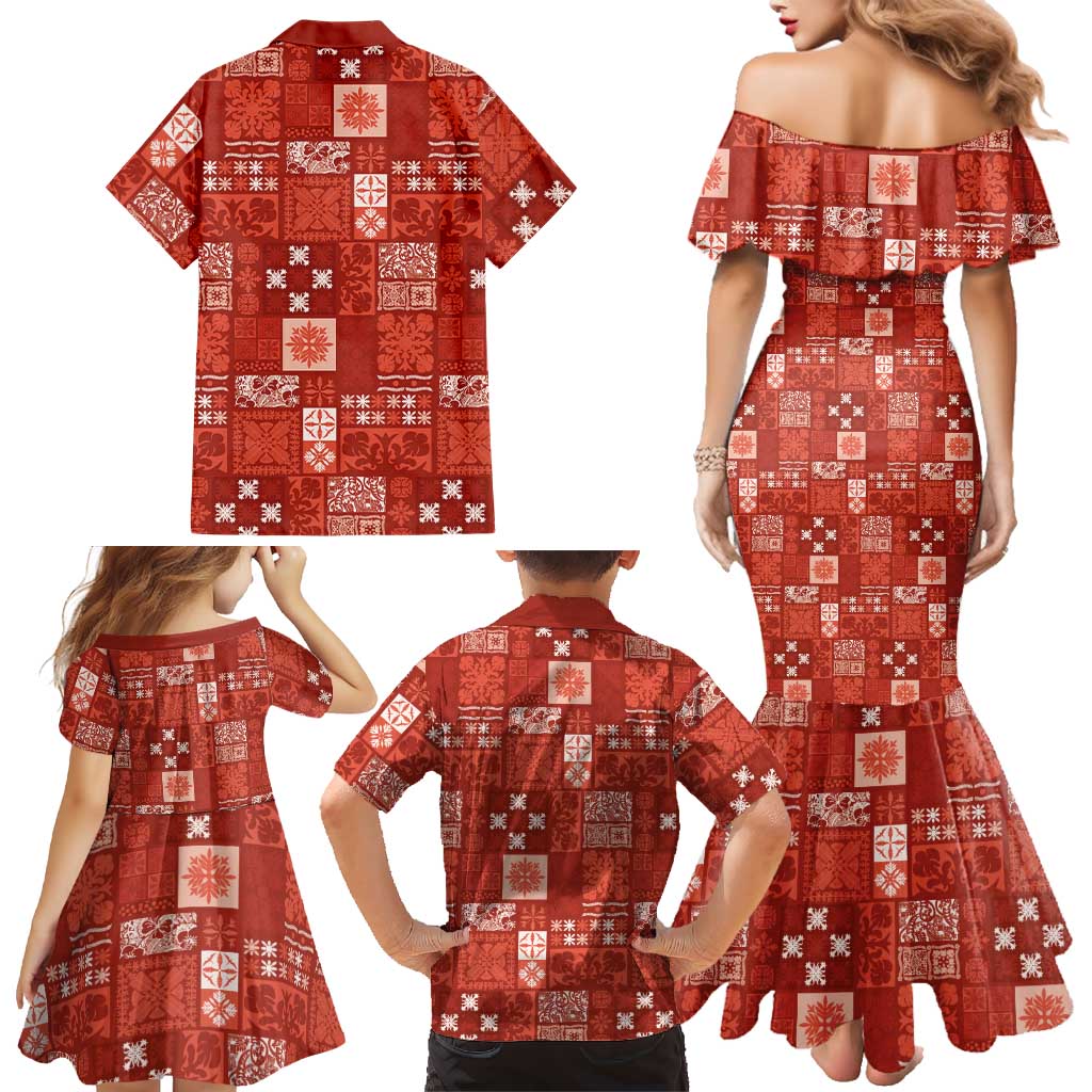 Vintage Hawaiian Quilting Patterns Family Matching Mermaid Dress and Hawaiian Shirt Red Style Tribal Fabric Patchwork - Polynesian Pride
