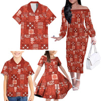 Vintage Hawaiian Quilting Patterns Family Matching Off The Shoulder Long Sleeve Dress and Hawaiian Shirt Red Style Tribal Fabric Patchwork - Polynesian Pride