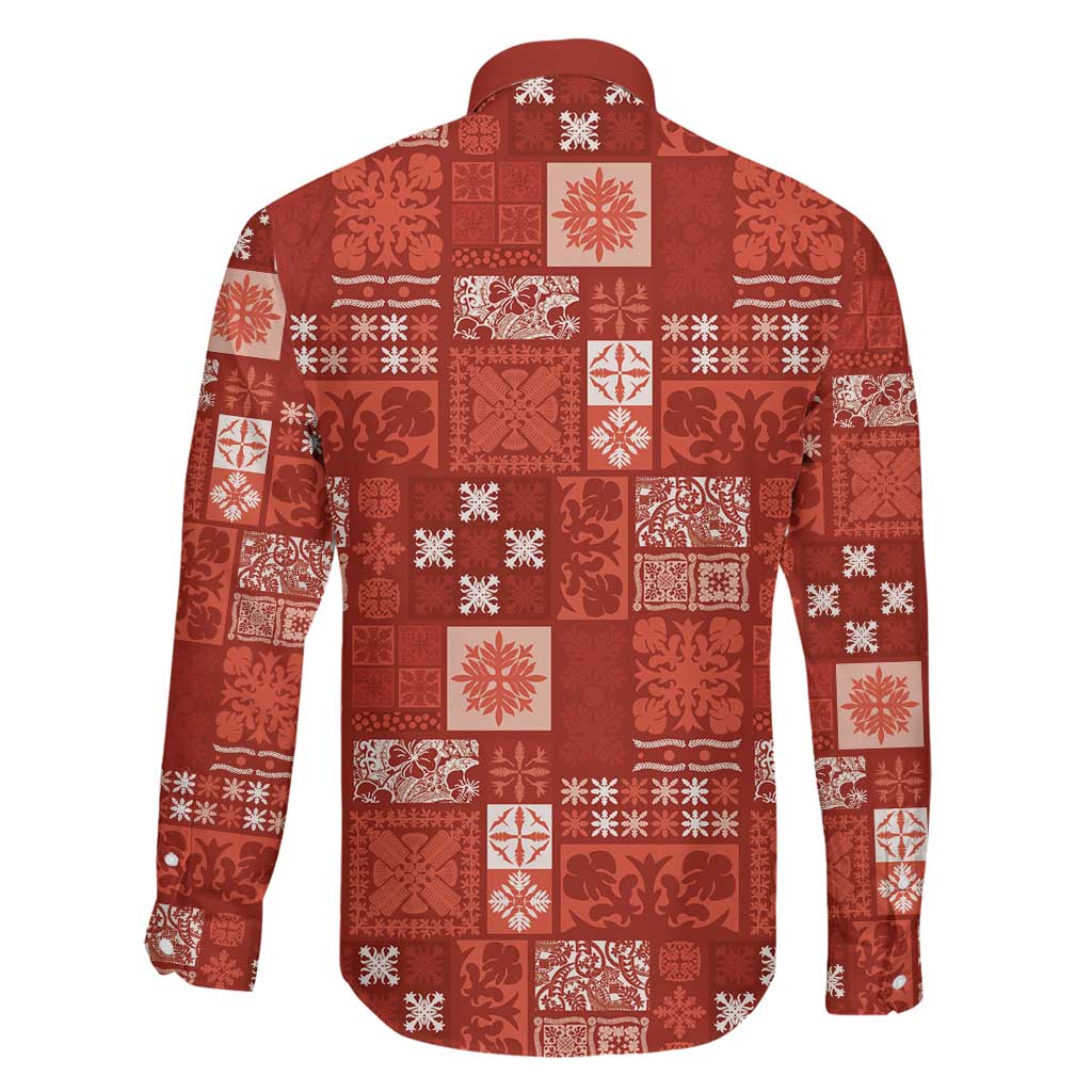 Vintage Hawaiian Quilting Patterns Family Matching Off The Shoulder Long Sleeve Dress and Hawaiian Shirt Red Style Tribal Fabric Patchwork - Polynesian Pride