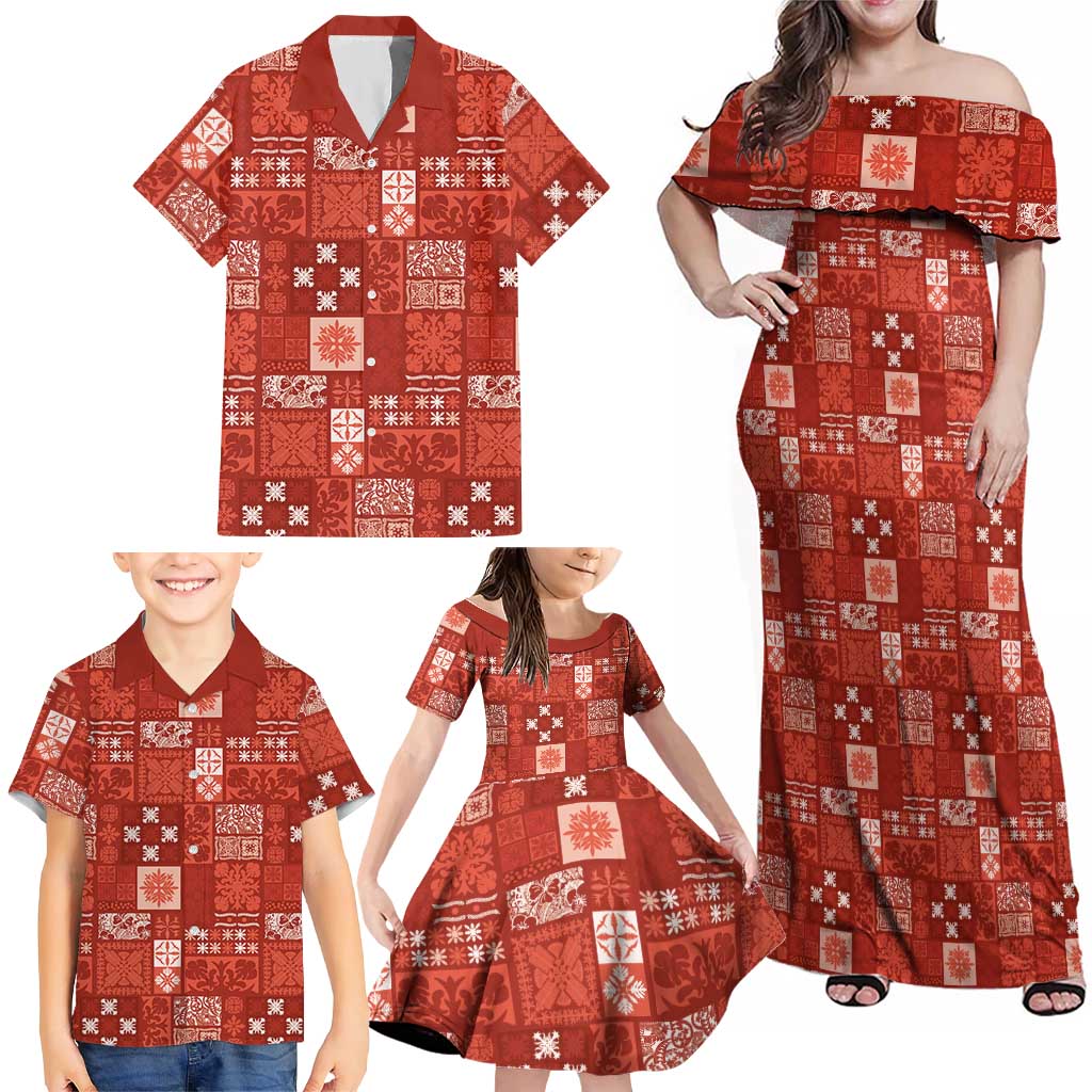 Vintage Hawaiian Quilting Patterns Family Matching Off Shoulder Maxi Dress and Hawaiian Shirt Red Style Tribal Fabric Patchwork - Polynesian Pride