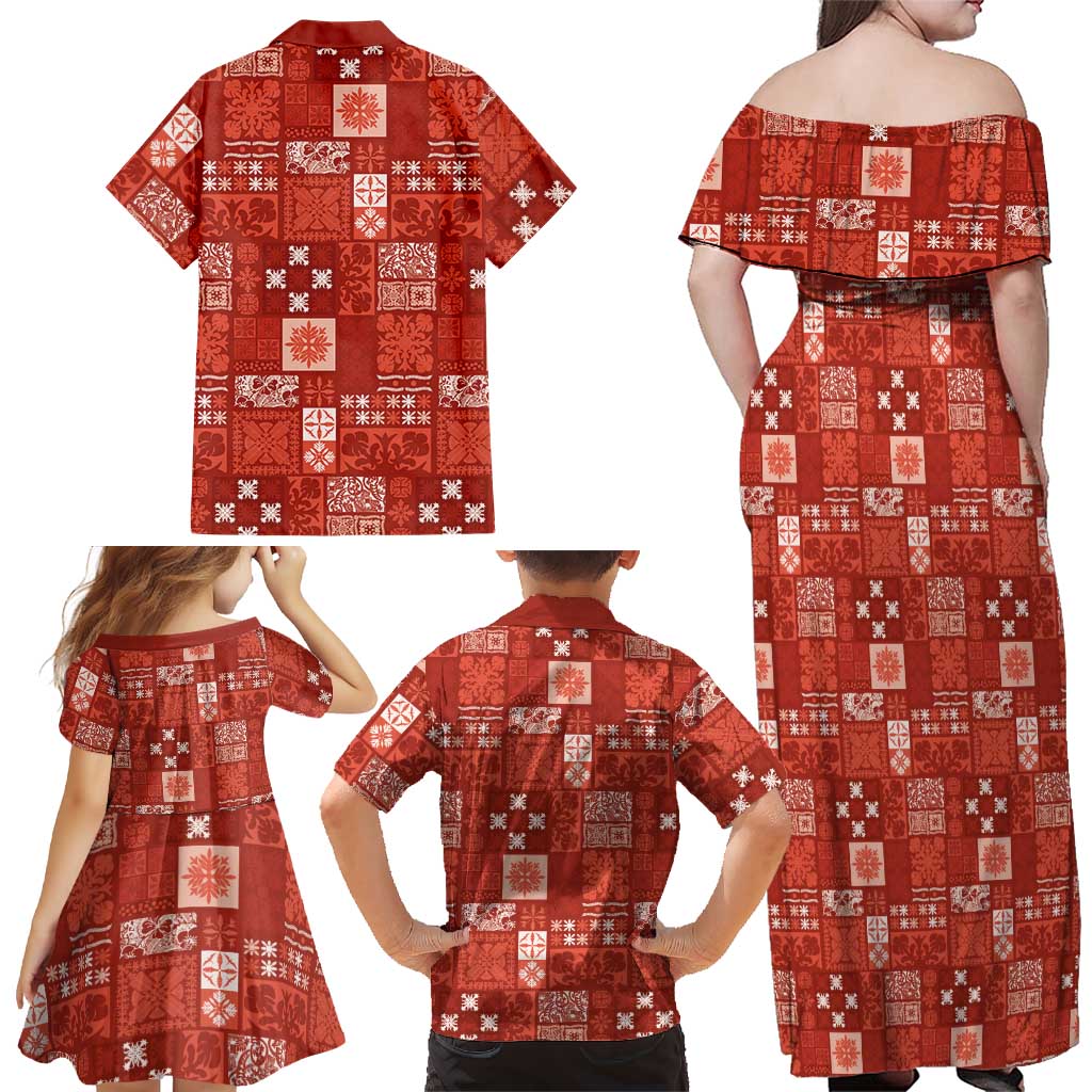 Vintage Hawaiian Quilting Patterns Family Matching Off Shoulder Maxi Dress and Hawaiian Shirt Red Style Tribal Fabric Patchwork - Polynesian Pride