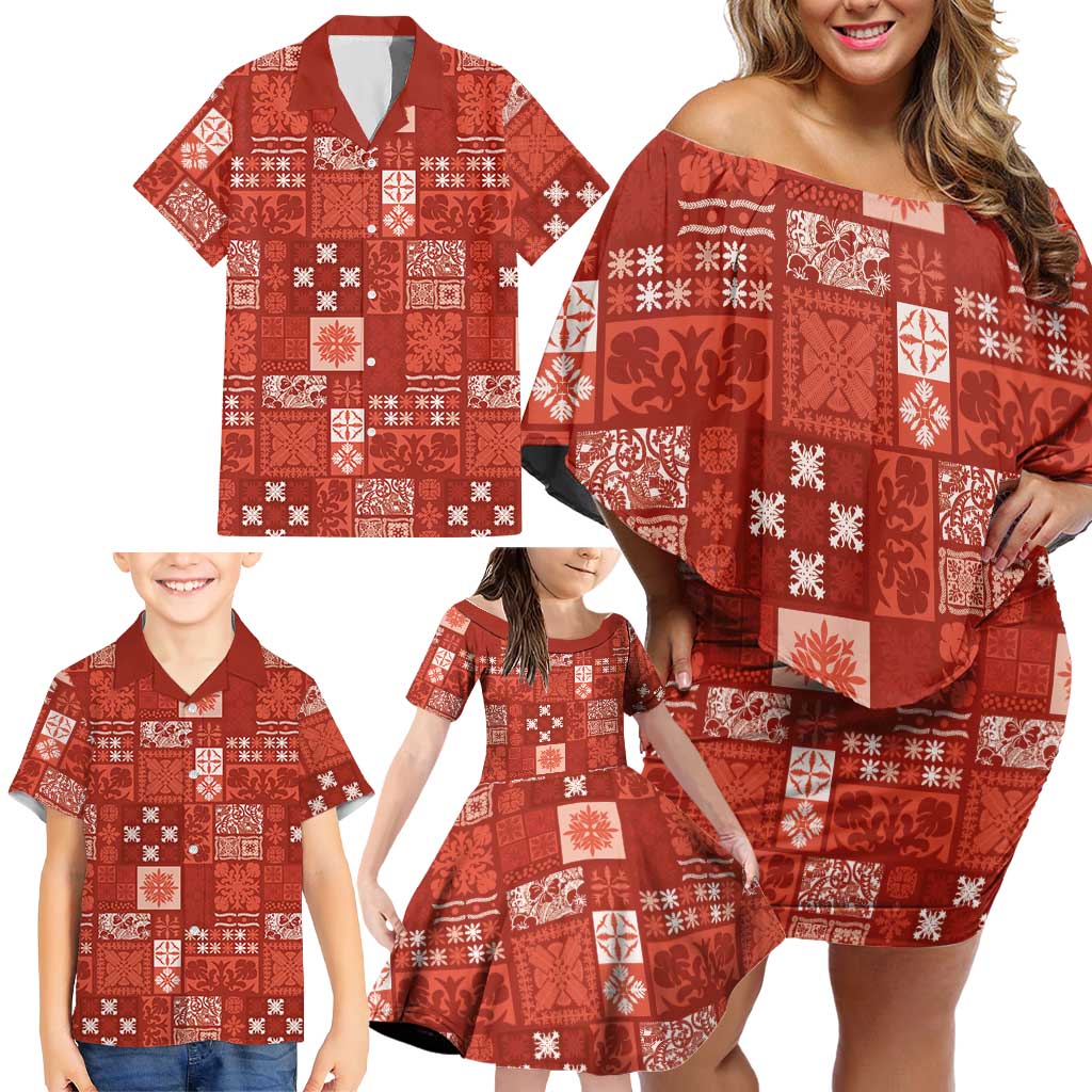 Vintage Hawaiian Quilting Patterns Family Matching Off Shoulder Short Dress and Hawaiian Shirt Red Style Tribal Fabric Patchwork - Polynesian Pride