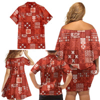 Vintage Hawaiian Quilting Patterns Family Matching Off Shoulder Short Dress and Hawaiian Shirt Red Style Tribal Fabric Patchwork - Polynesian Pride