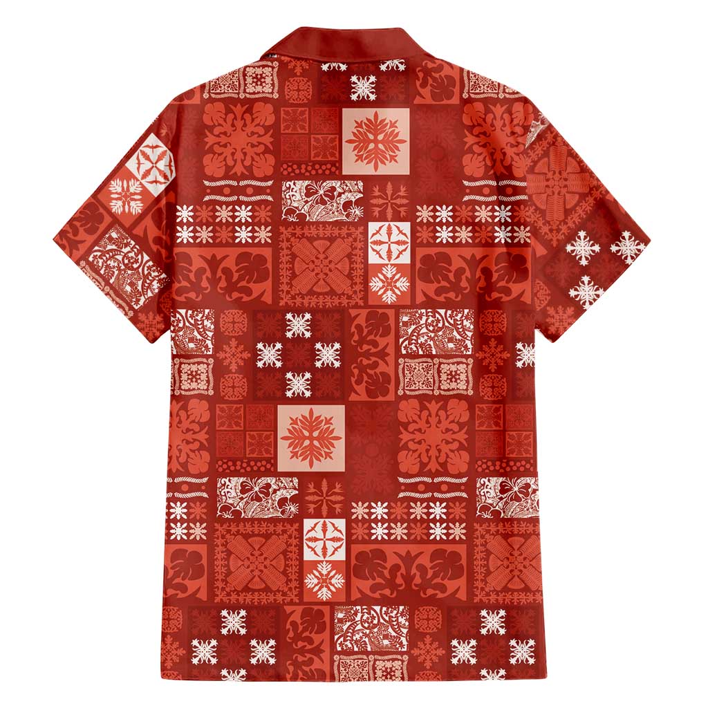Vintage Hawaiian Quilting Patterns Family Matching Off Shoulder Short Dress and Hawaiian Shirt Red Style Tribal Fabric Patchwork - Polynesian Pride