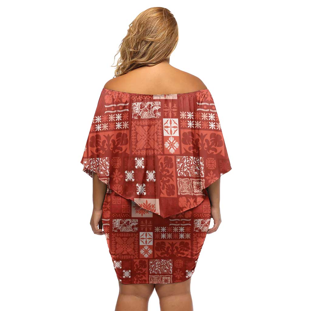Vintage Hawaiian Quilting Patterns Family Matching Off Shoulder Short Dress and Hawaiian Shirt Red Style Tribal Fabric Patchwork - Polynesian Pride