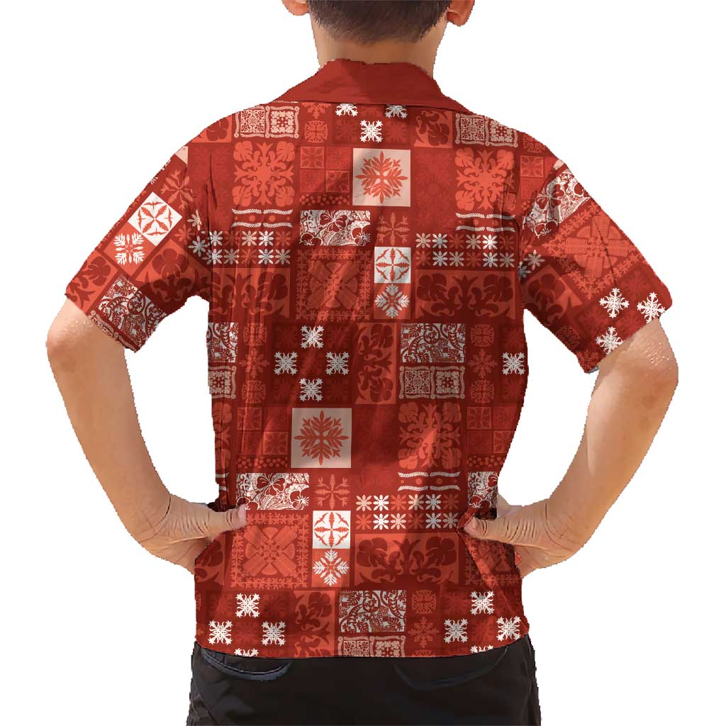 Vintage Hawaiian Quilting Patterns Family Matching Puletasi and Hawaiian Shirt Red Style Tribal Fabric Patchwork - Polynesian Pride
