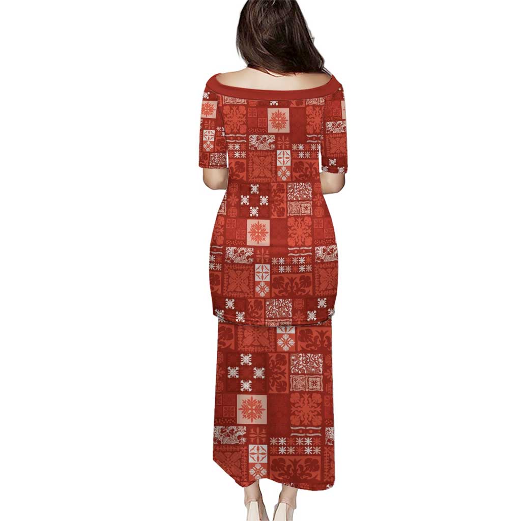 Vintage Hawaiian Quilting Patterns Family Matching Puletasi and Hawaiian Shirt Red Style Tribal Fabric Patchwork - Polynesian Pride