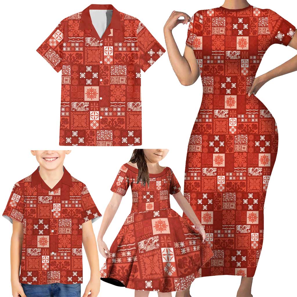 Vintage Hawaiian Quilting Patterns Family Matching Short Sleeve Bodycon Dress and Hawaiian Shirt Red Style Tribal Fabric Patchwork - Polynesian Pride