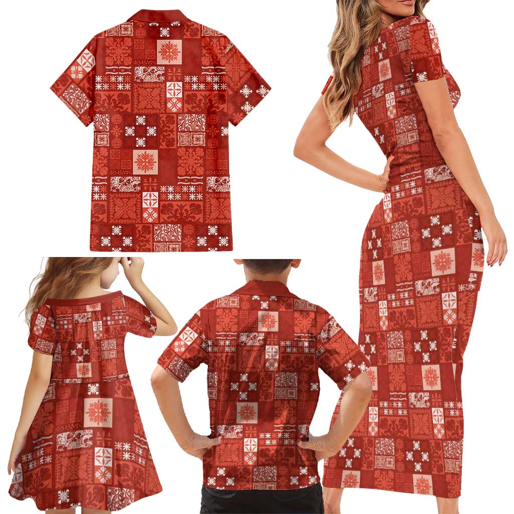 Vintage Hawaiian Quilting Patterns Family Matching Short Sleeve Bodycon Dress and Hawaiian Shirt Red Style Tribal Fabric Patchwork - Polynesian Pride