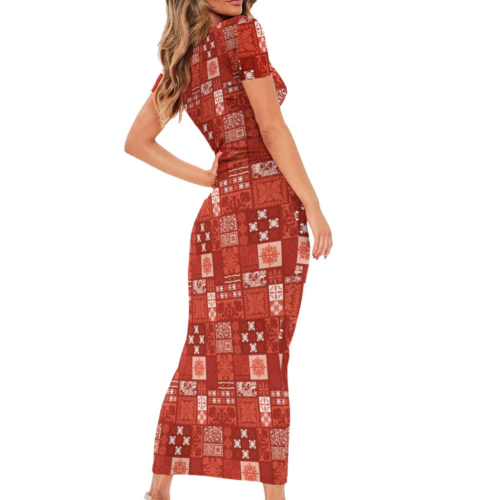 Vintage Hawaiian Quilting Patterns Family Matching Short Sleeve Bodycon Dress and Hawaiian Shirt Red Style Tribal Fabric Patchwork - Polynesian Pride